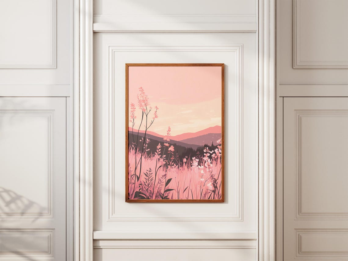 Pink Fireweed Meadow at Sunset Before Dusky Mountains Poster - Image 2