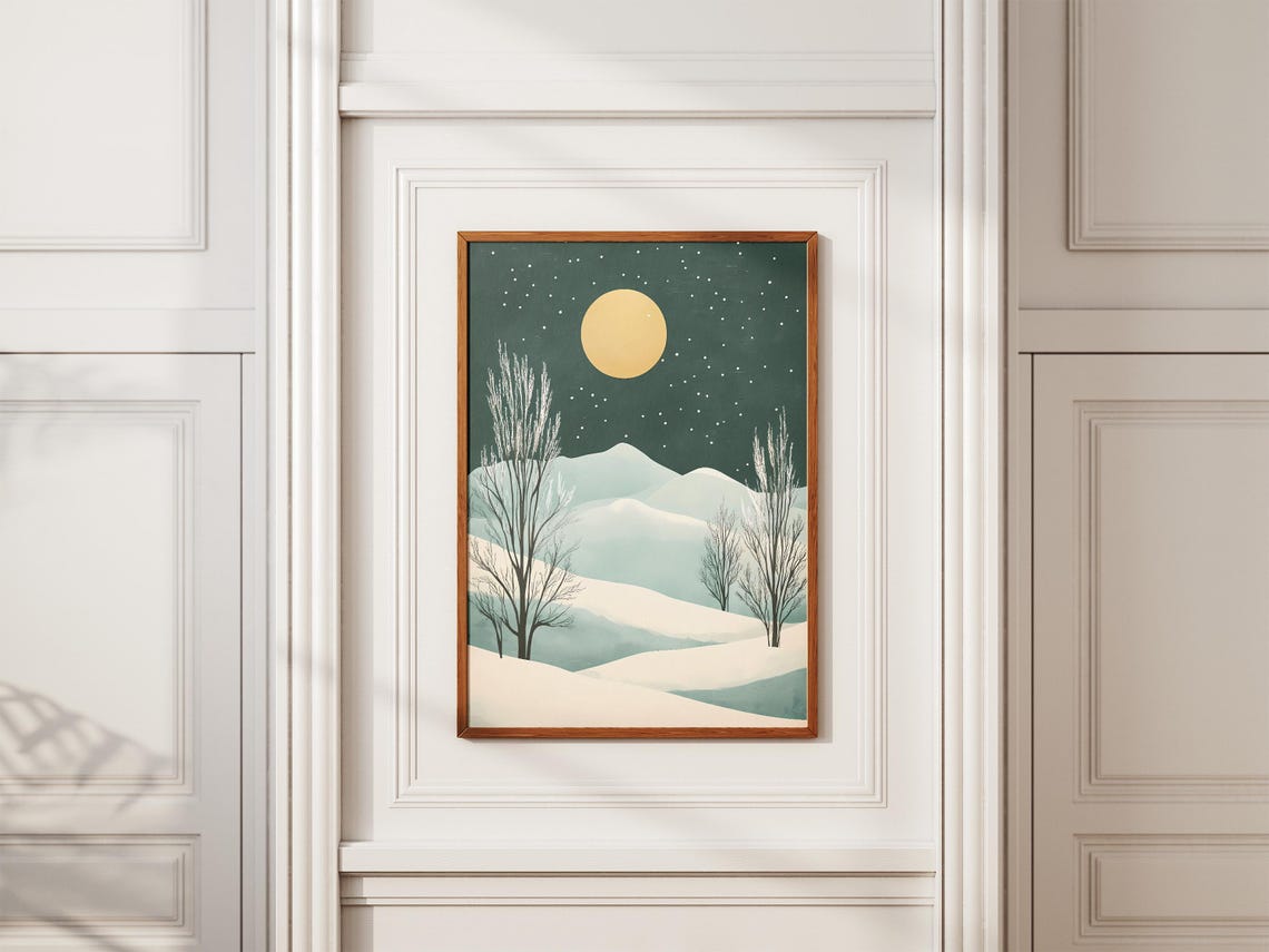 Minimalist Moonlit Snowy Hills Under Golden Moon Night Poster - Image 2