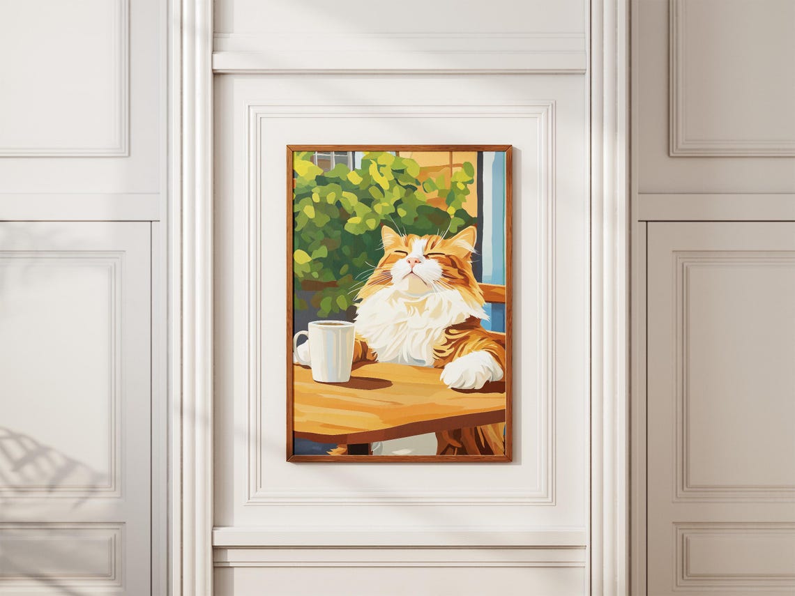 Fluffy Orange Cat Relaxing With Coffee Cozy Cafe Table Poster - Image 2