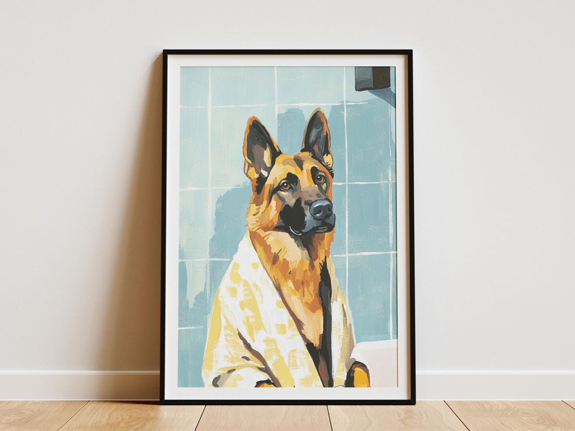 German Shepherd Wrapped in Towel Blue Shower Tile Art Poster