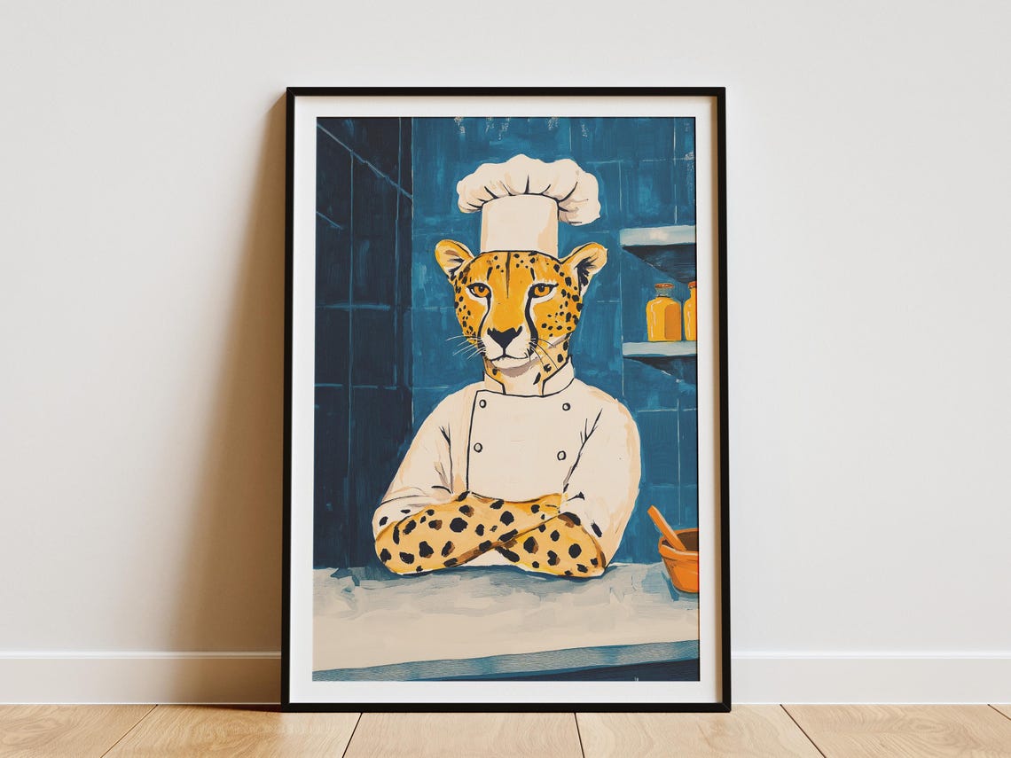 Cheetah Chef Art Print Funny Kitchen Poster Animal Whimsical Wall Unique Gift For Cooks Culinary