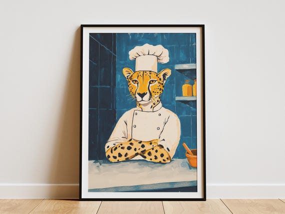 Cheetah Chef Art Print Funny Kitchen Poster Animal Whimsical Wall Unique Gift For Cooks Culinary