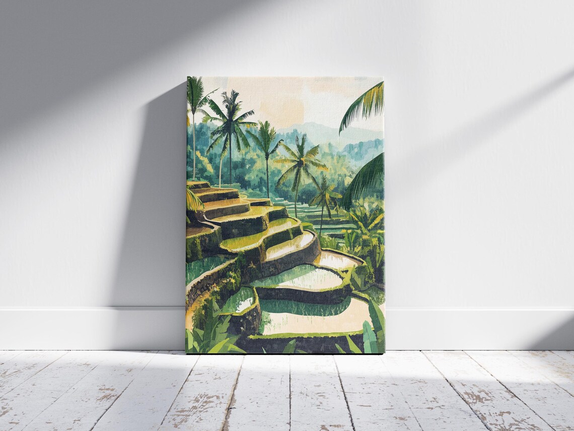 Flooded Rice Terraces with Palm Trees Tropical Landscape Poster - Image 2