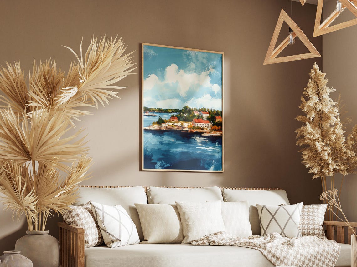 Coastal Village With Red Roofs On Rocky Shoreline Scenic Poster - Image 3
