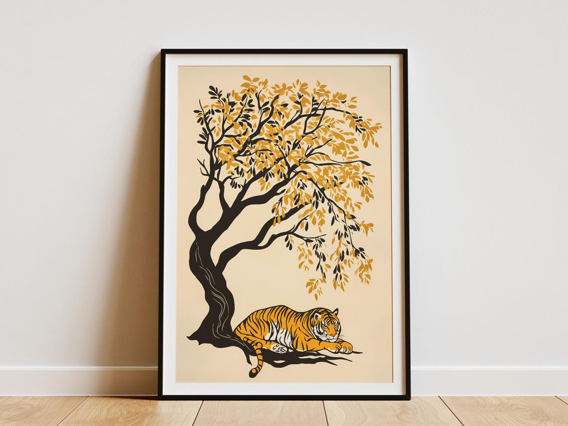 Resting Tiger Under Golden Tree Minimalist Wildlife Art Poster