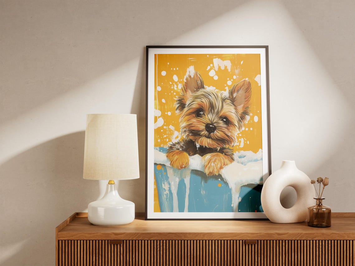 Scruffy Yorkie Puppy Peeking Over Blue Tub Yellow Splash Art Poster - Image 4