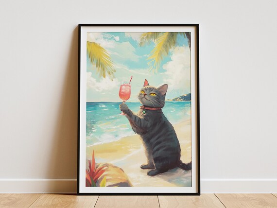 Adorable Grey Tabby Cat Holding Pink Cocktail On The Beach Poster