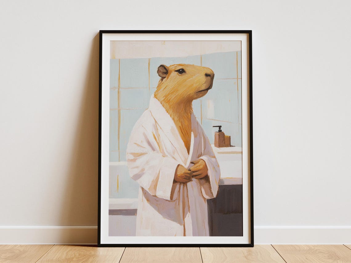 Chill Capybara Standing Tall in a White Bathrobe Bathroom Poster