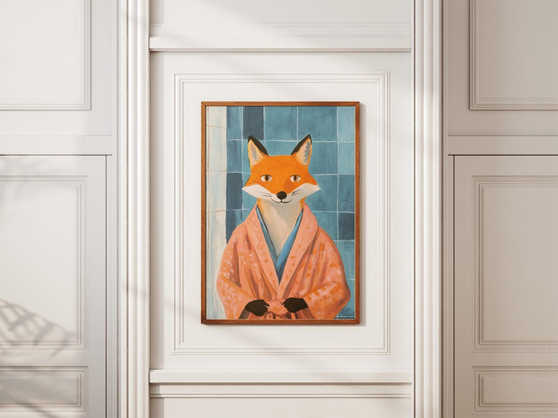 Orange Fox In Bathrobe Against Blue Tiles Modern Animal Poster - Image 2