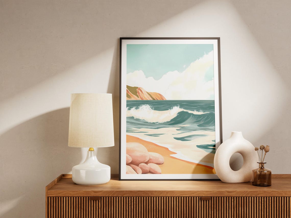 Pebble Shore Rolling Teal Waves Distant Headland Beach Art Poster - Image 5