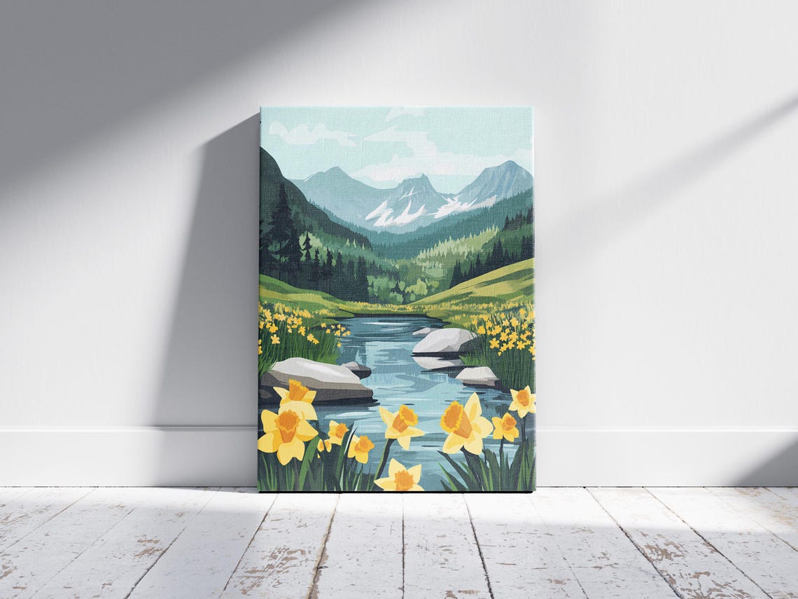 Bright Yellow Daffodils By A Mountain Stream Spring Flowers Poster - Image 2