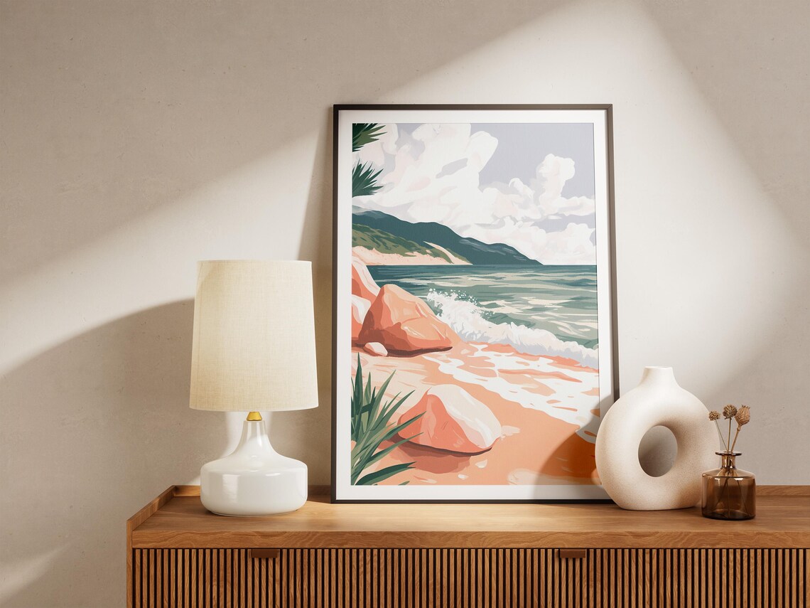 Rocky Ocean Shore With Crashing Waves And Palm Leaves Poster - Image 5
