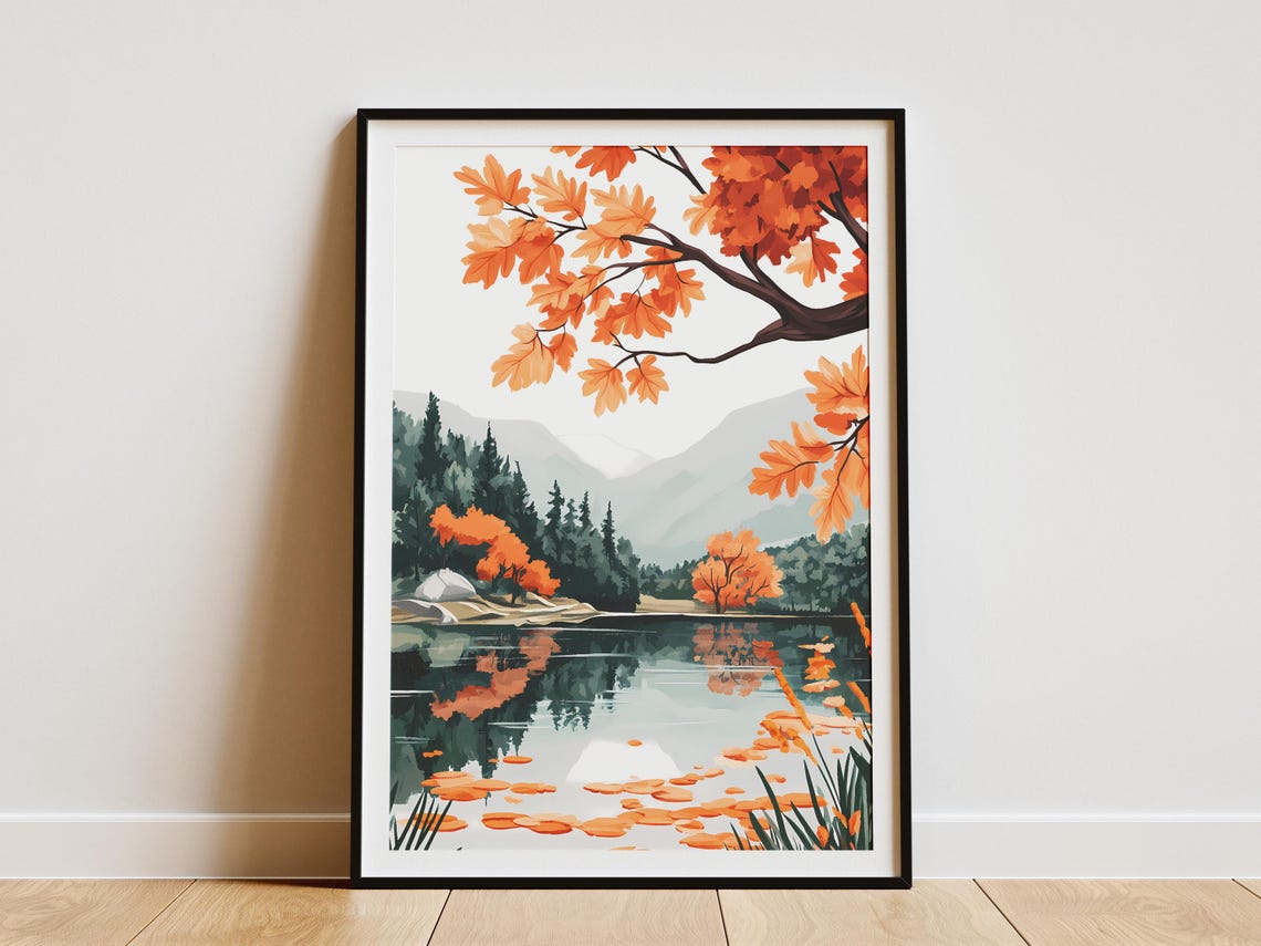 Autumn Lake Under Orange Maple Branches Mountain Scenery Poster