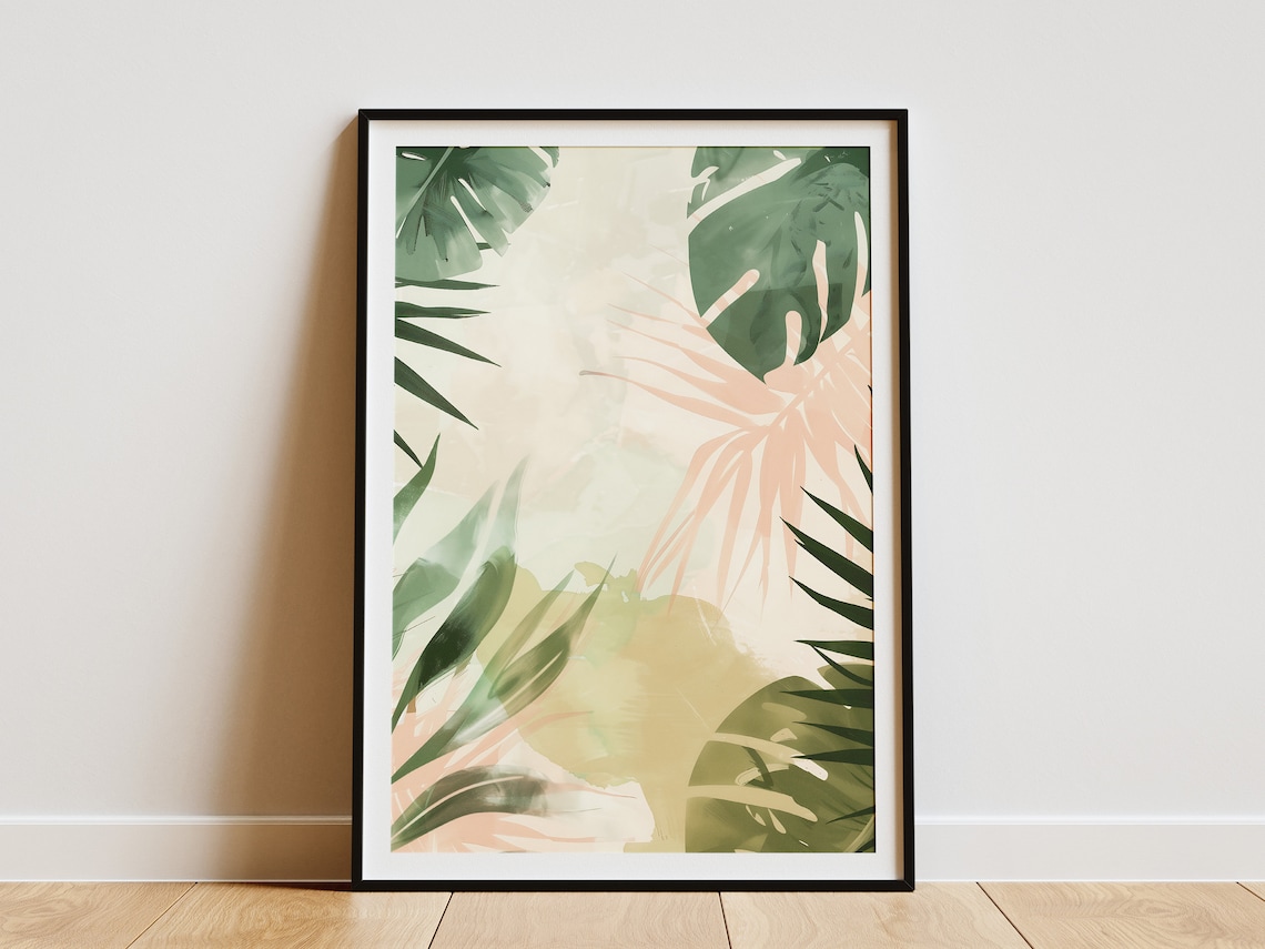 Lush Tropical Monstera and Palm Leaves Blush Botanical Print