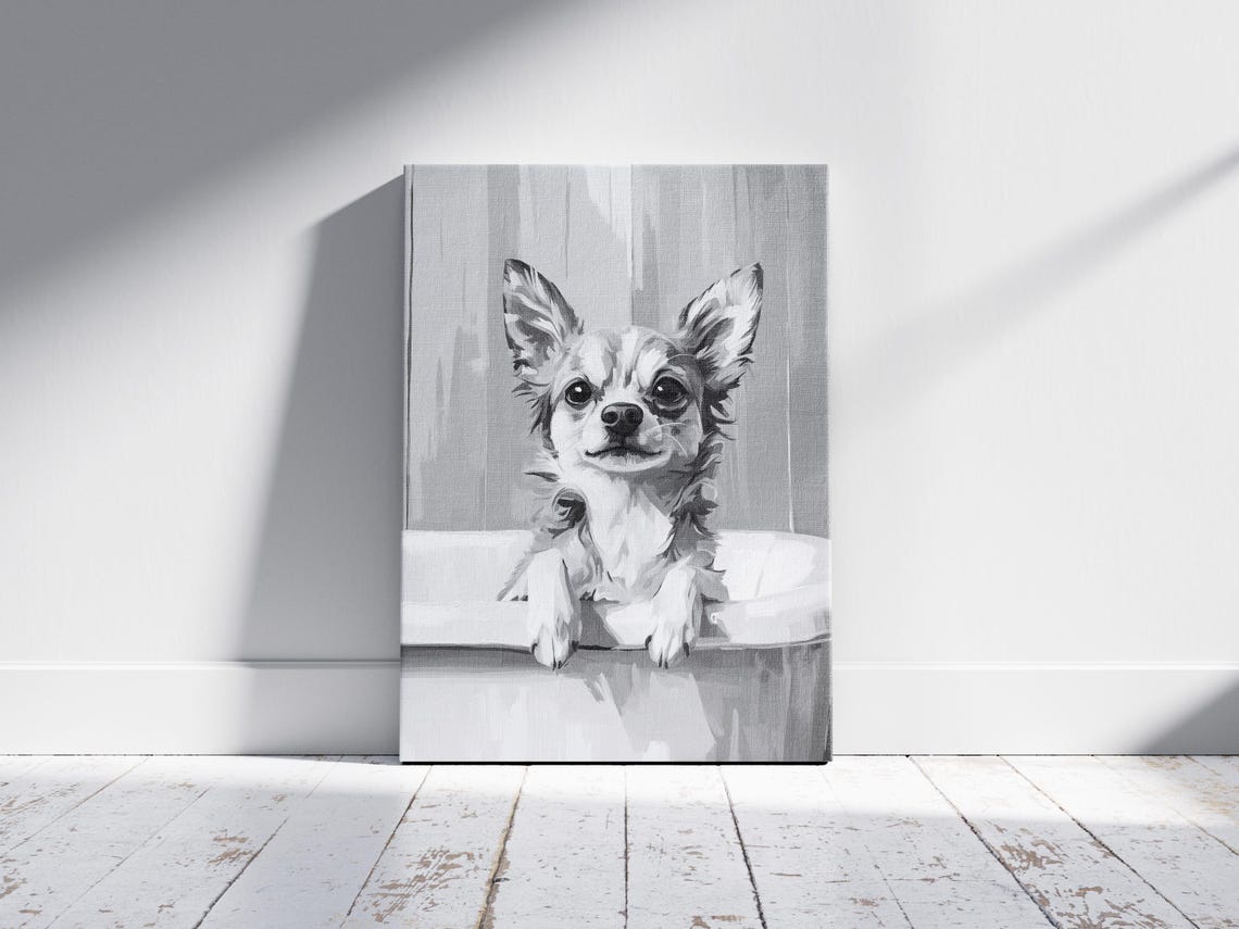 Chihuahua Puppy In A Bathtub Black And White Cute Art Poster - Image 2
