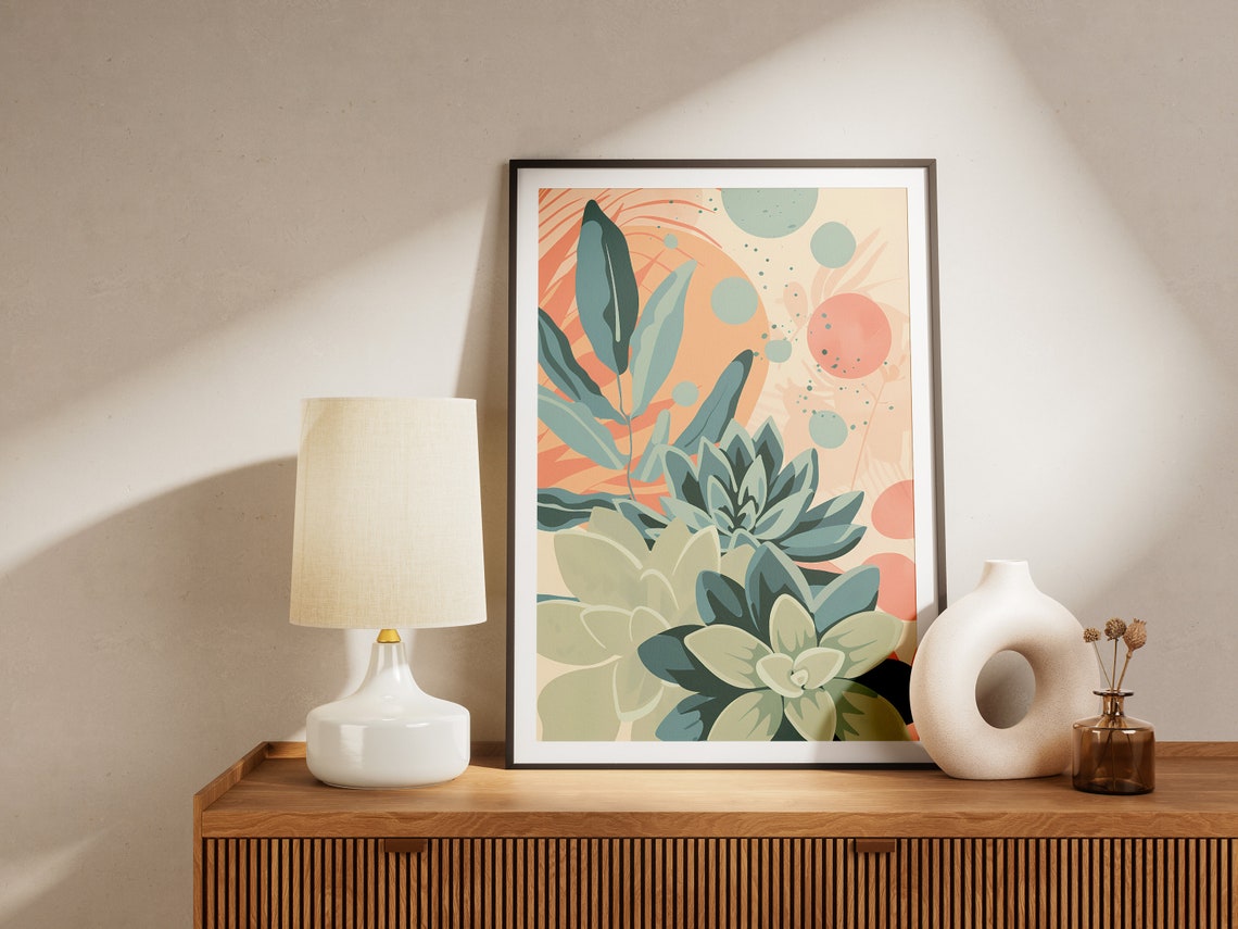 Colorful Succulent Plants with Retro Sunset Abstract Art Poster - Image 2