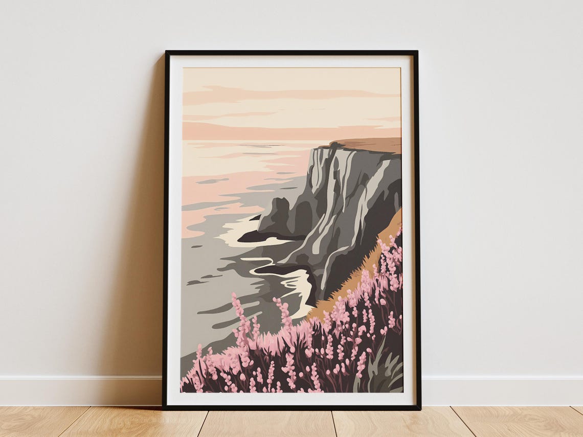 Coastal Cliff Heather Ocean Sunset Landscape Illustration Poster