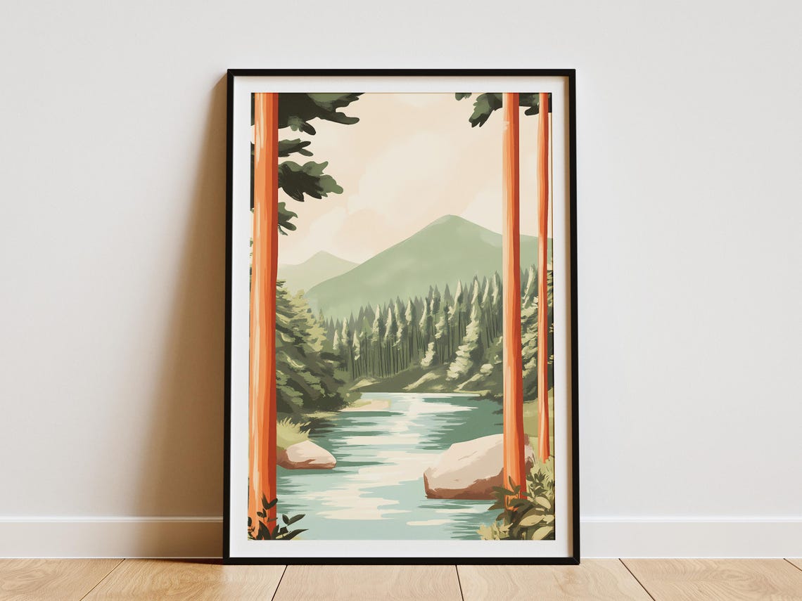 Forest River Between Towering Redwood Trunks Mountain Poster