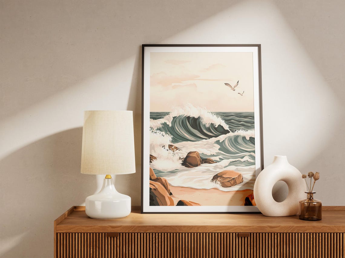 Ocean Wave Crashing On Rocky Coast With Seagulls Coastal Poster - Image 5