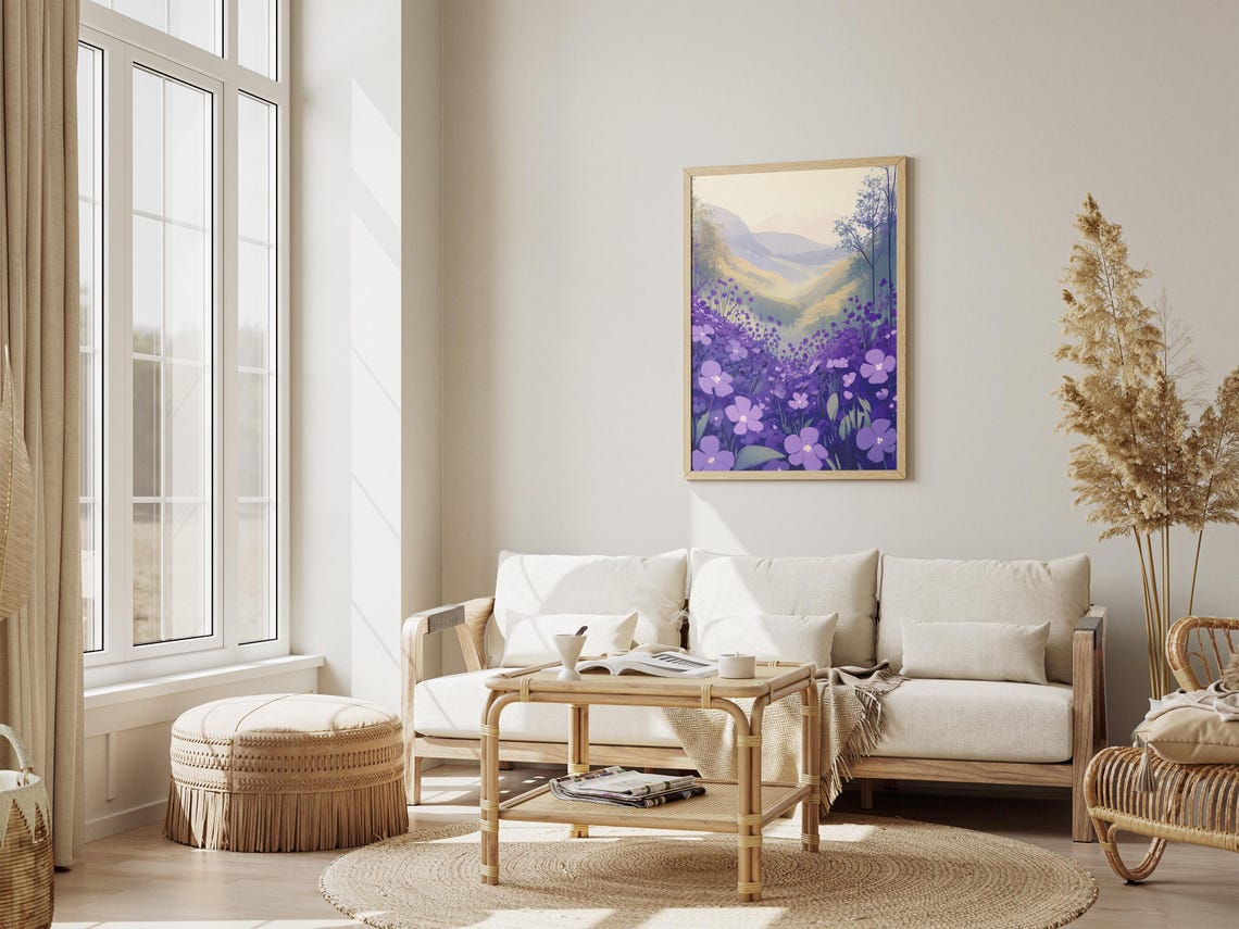Purple Wild Violet Field in a Misty Mountain Valley Art Poster - Image 4