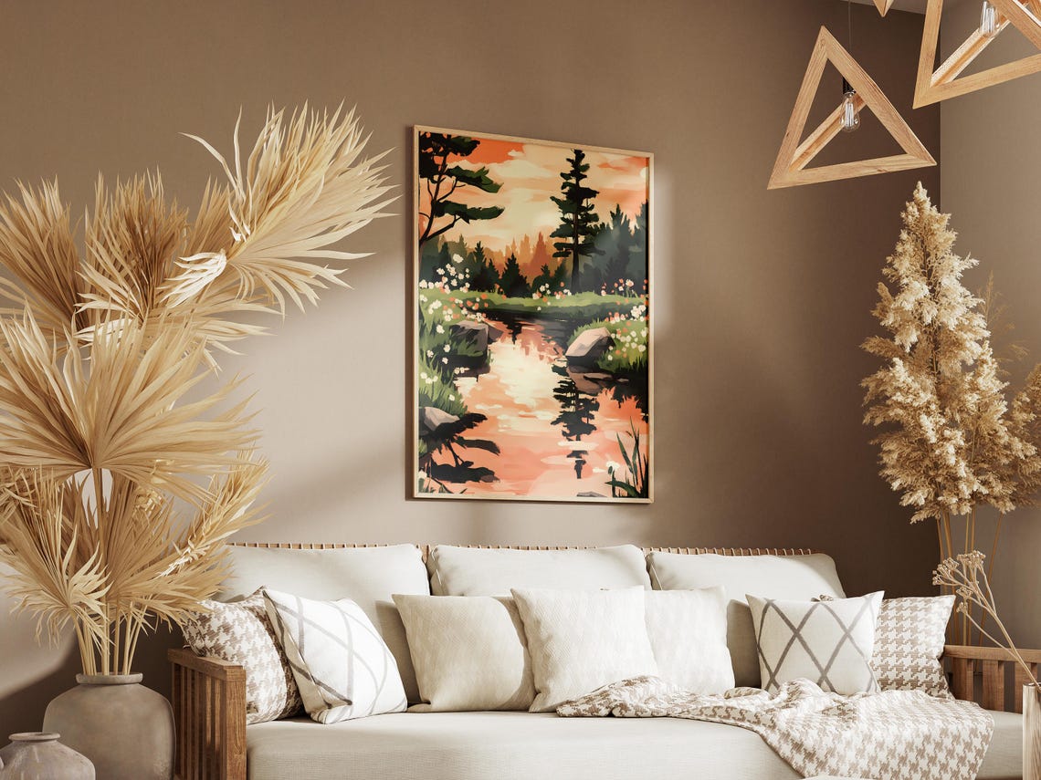 Sunset Pond Reflecting Pine Trees Lined With Wildflowers Poster - Image 3