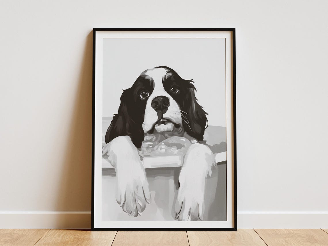 Cavalier King Charles Spaniel in Bathtub Black White Cute Decor Poster