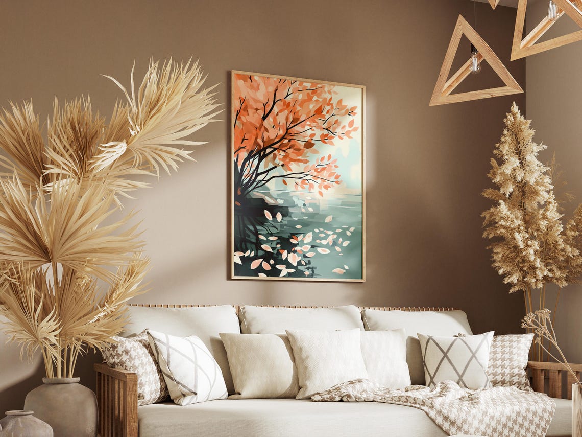 Peach Autumn Leaves Drifting Over Teal Water Landscape Art Poster - Image 3