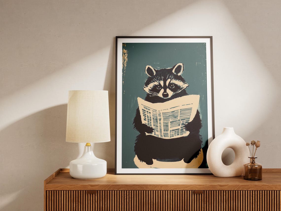 Raccoon Reading Newspaper On Toilet Dark Teal Bathroom Poster - Image 5