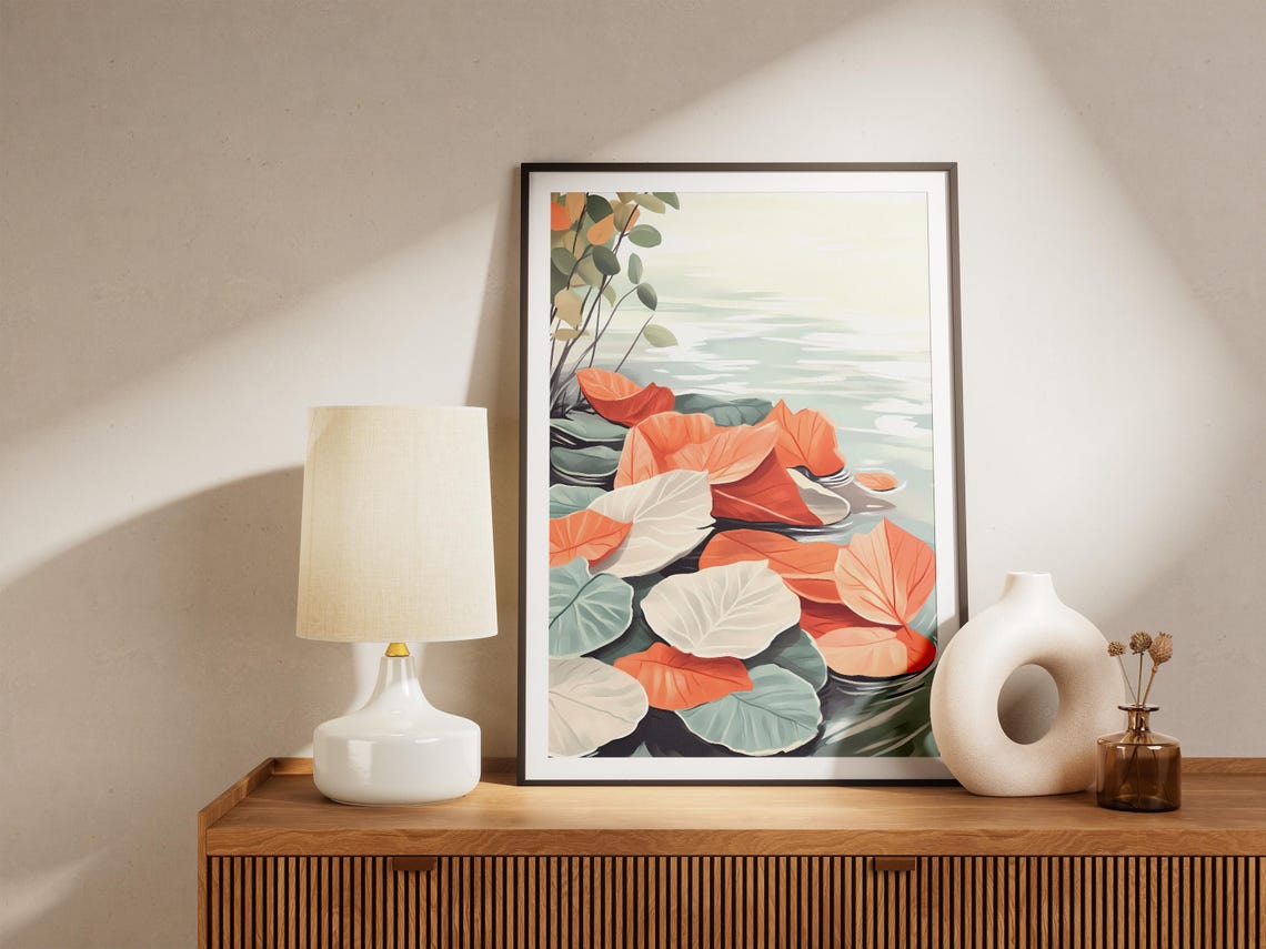 Floating Autumn Leaves on Calm Rippling Water Botanical Art Poster - Image 5