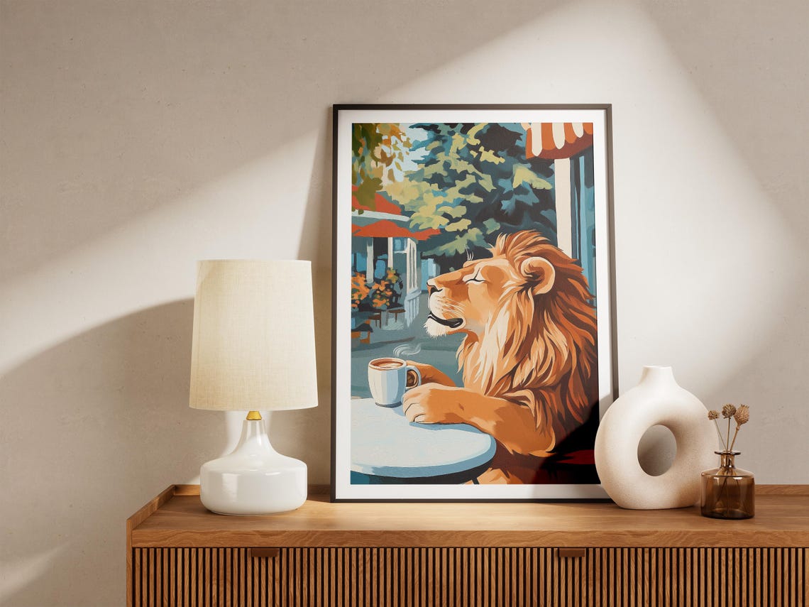 Lion Cafe Poster Coffee Lover Art Print Animal In Wall Drinking Cozy Whimsical - Image 4