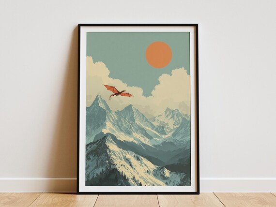 Enchanting Dragon Mountain Travel Poster Vintage Fantasy Snowcapped Peak Wall Art Print Mystical Adventure Home Decor Gift