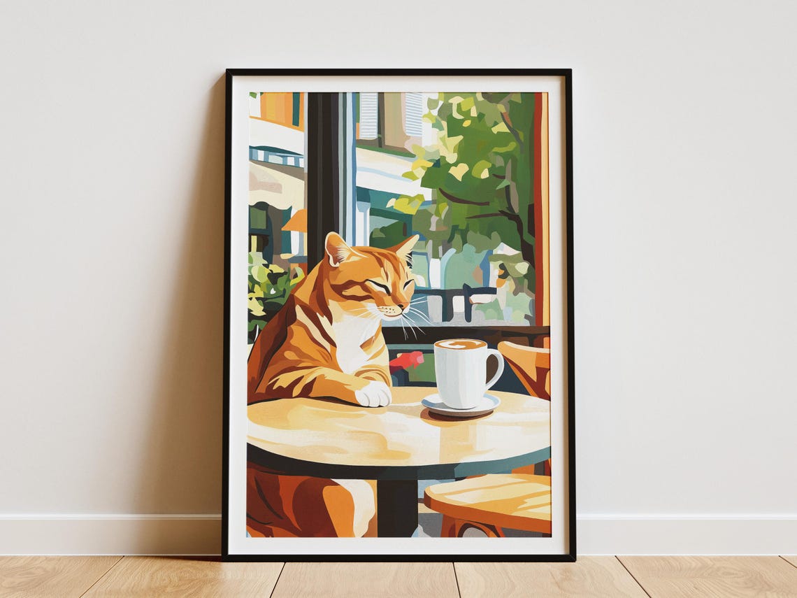 Orange Tabby Cat at a Cafe Table Watching Green Trees Sway Poster