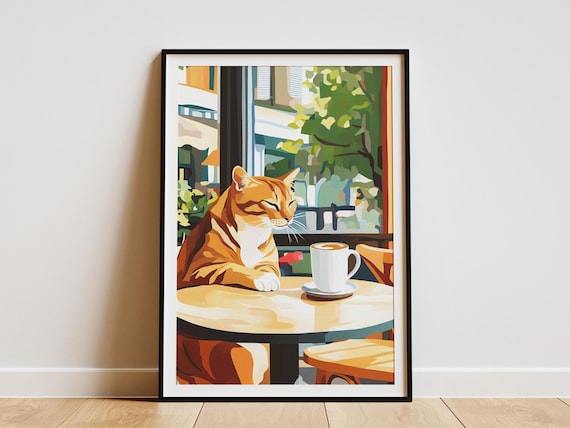 Orange Tabby Cat at a Cafe Table Watching Green Trees Sway Poster