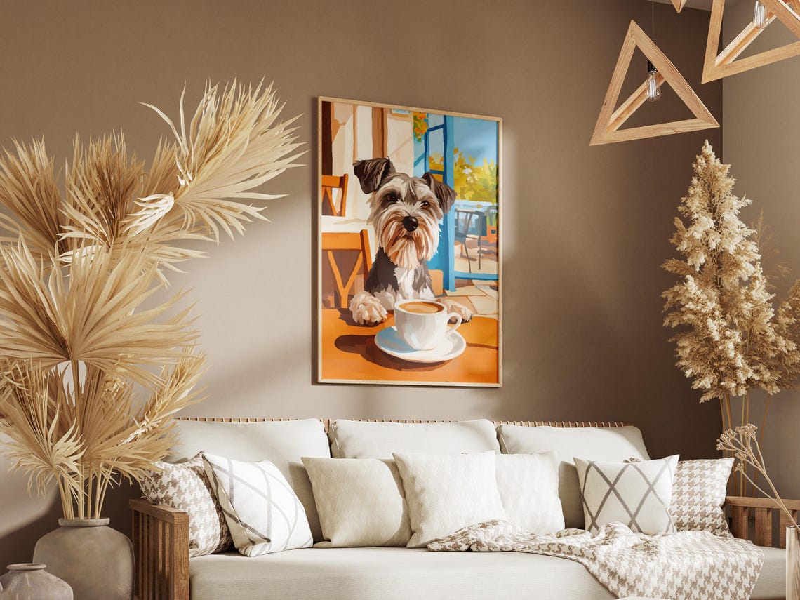 Bearded Miniature Schnauzer with Coffee at Sunlit Cafe Table Poster - Image 3