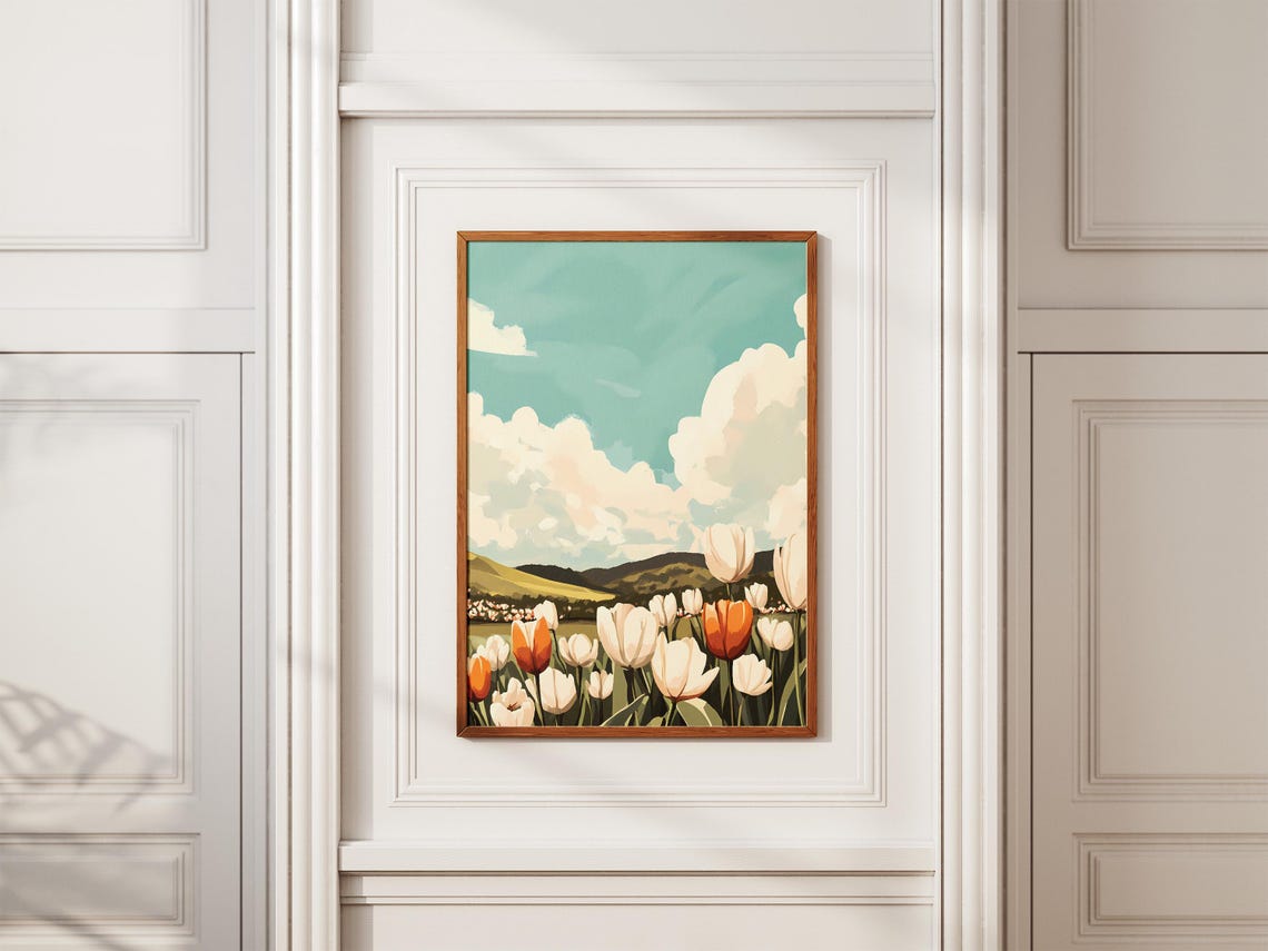 White And Orange Tulip Field Cloudy Teal Sky Blooming Spring Poster - Image 2