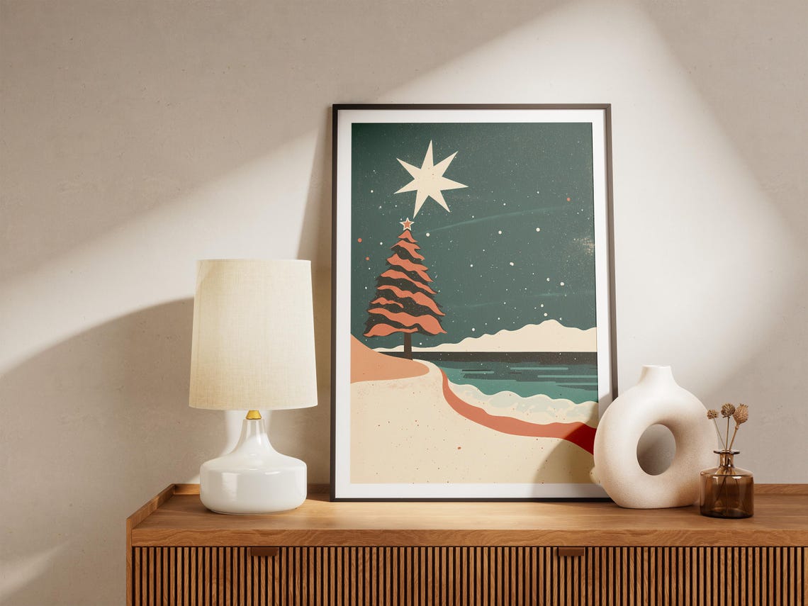 Christmas Tree On Sandy Beach Holiday Night Stars Ocean Poster - Image 5