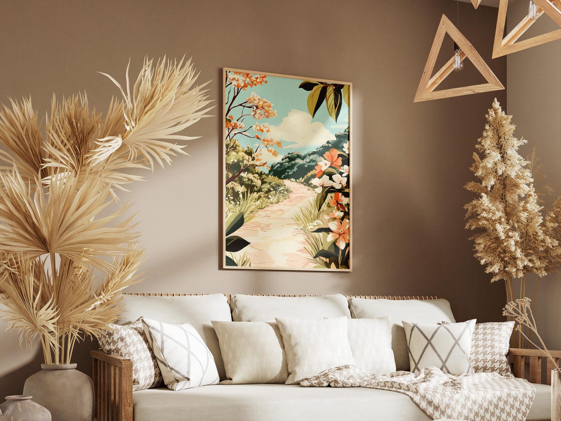 Winding Hillside Path With Blooming Trees Landscape Art Poster - Image 3