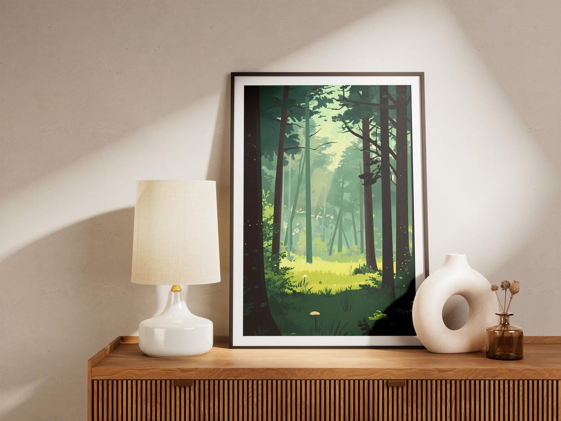 Misty Ancient Forest with Sunlit Clearing Nature Art Poster Tranquil - Image 5
