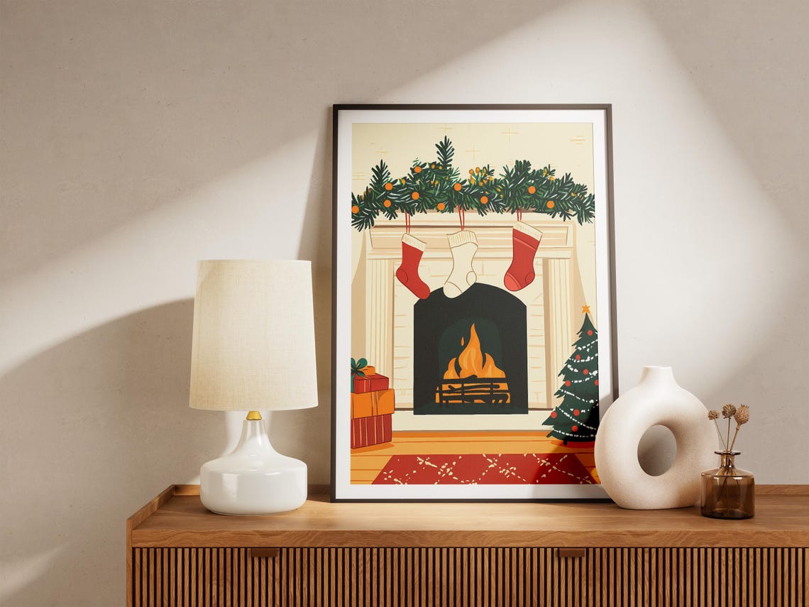 Cozy Christmas Fireplace With Stockings and Tree Holiday Poster - Image 5