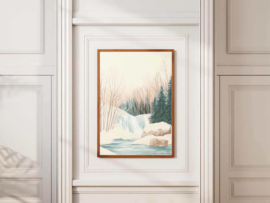 Frozen Waterfall in a Quiet Snowy Birch Forest Landscape Poster - Image 2