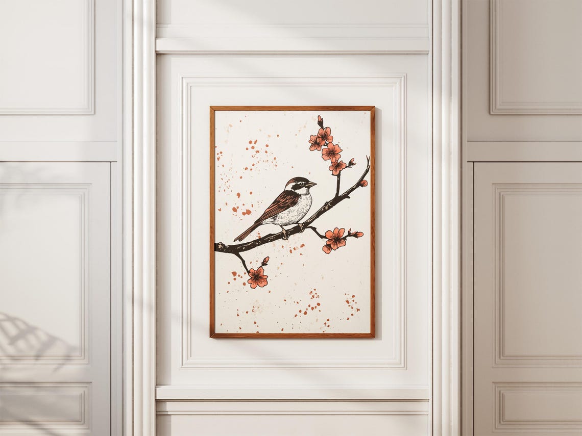 Sparrow Perched on Cherry Blossom Branch Minimal Ink Art Poster - Image 2
