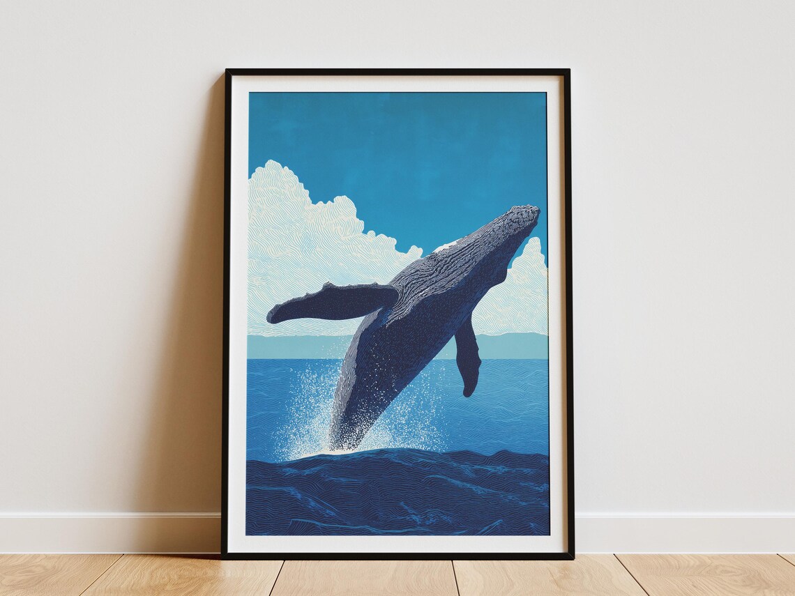 Humpback Whale Breaching Ocean Blue Nautical Wildlife Art Poster
