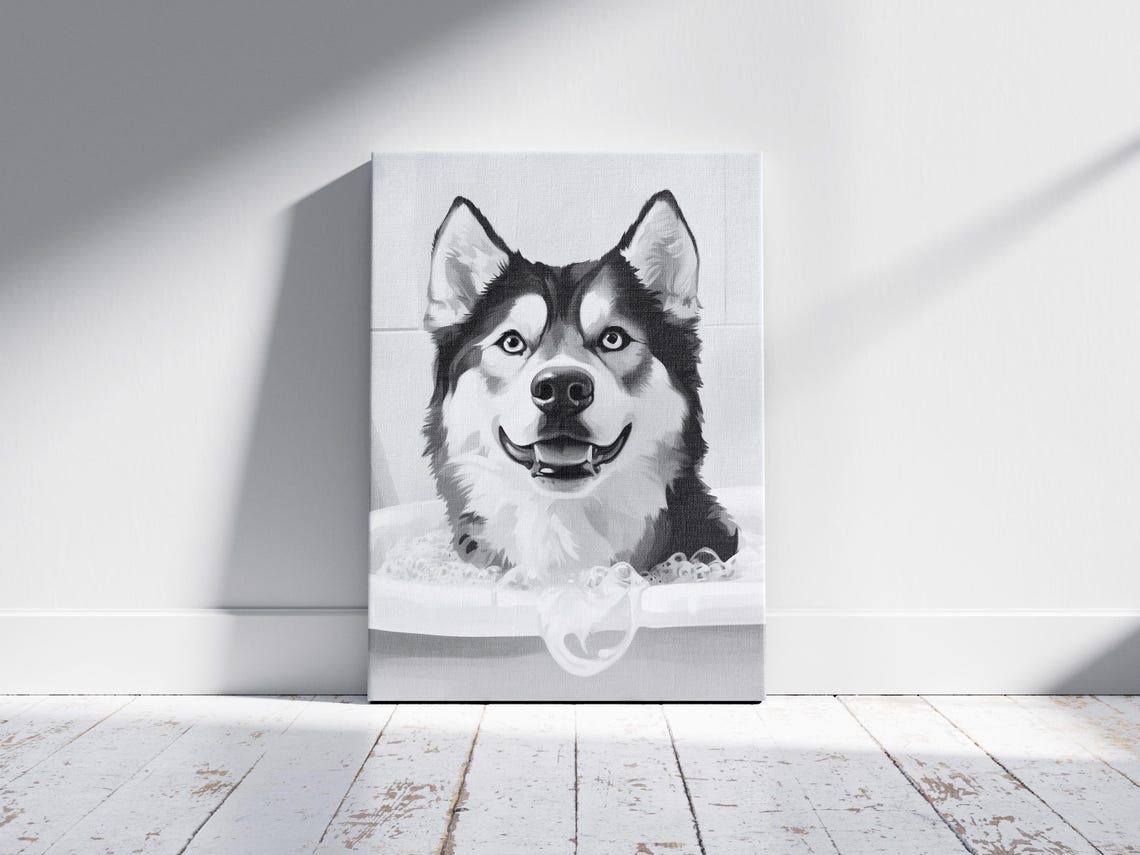 Alaskan Malamute in Bubble Bath Black and White Happy Dog Decor Poster - Image 2