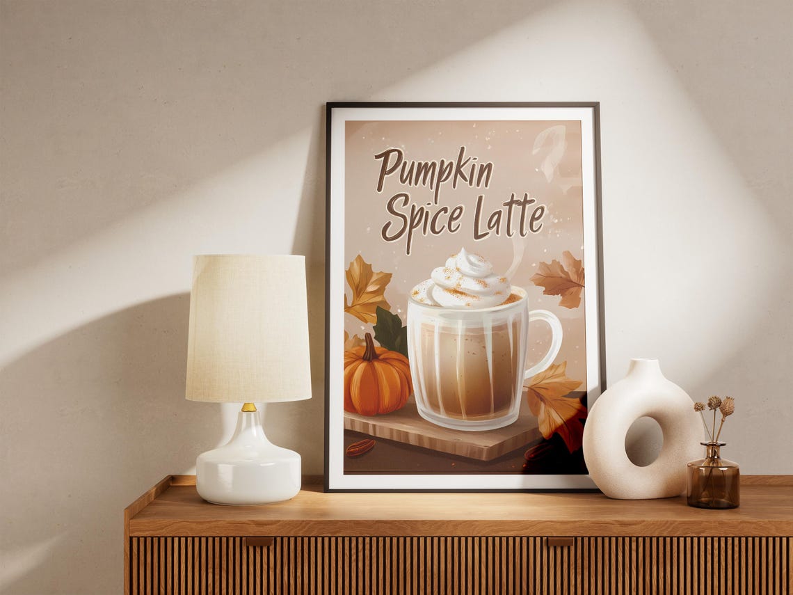 Pumpkin Spice Latte With Whipped Cream and Autumn Leaves Poster - Image 5