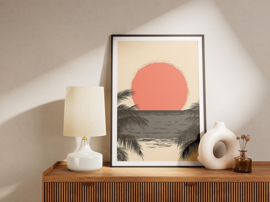 Coral Sun Setting Over the Ocean Framed by Palm Fronds Poster - Image 5