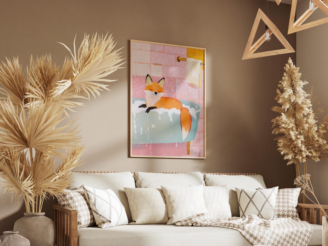Sleepy Orange Fox Floating In Mint Bubble Bath Bathroom Poster - Image 3