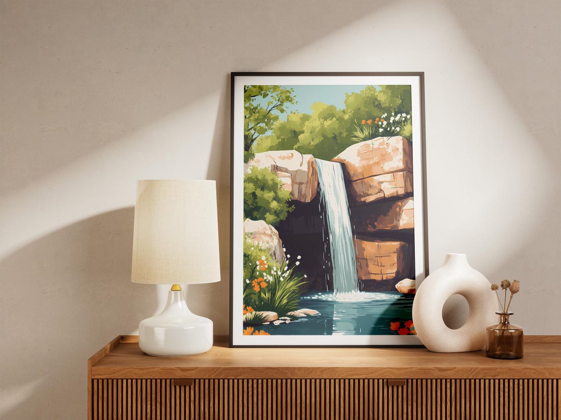 Rocky Waterfall Flowing Over Cliffs Ringed With Wildflowers Poster - Image 5