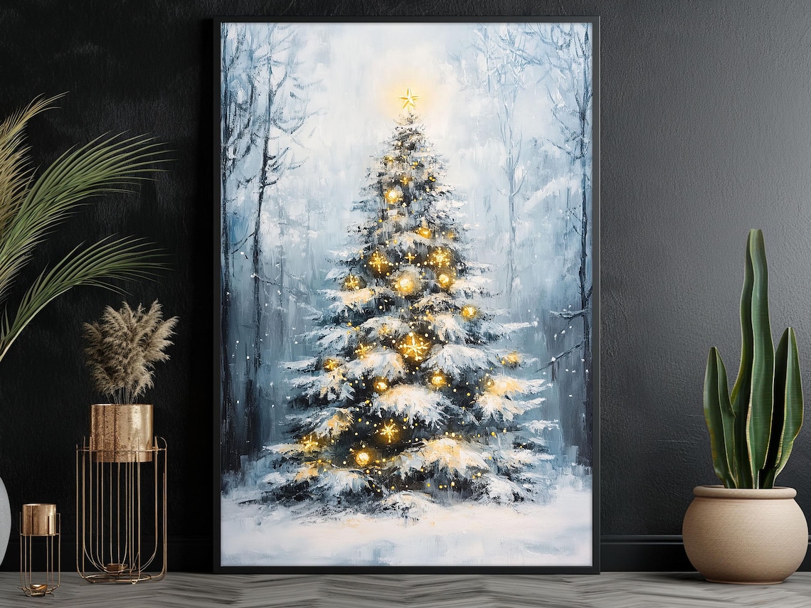 Snowy Christmas Tree With Golden Lights In Winter Forest Night Poster