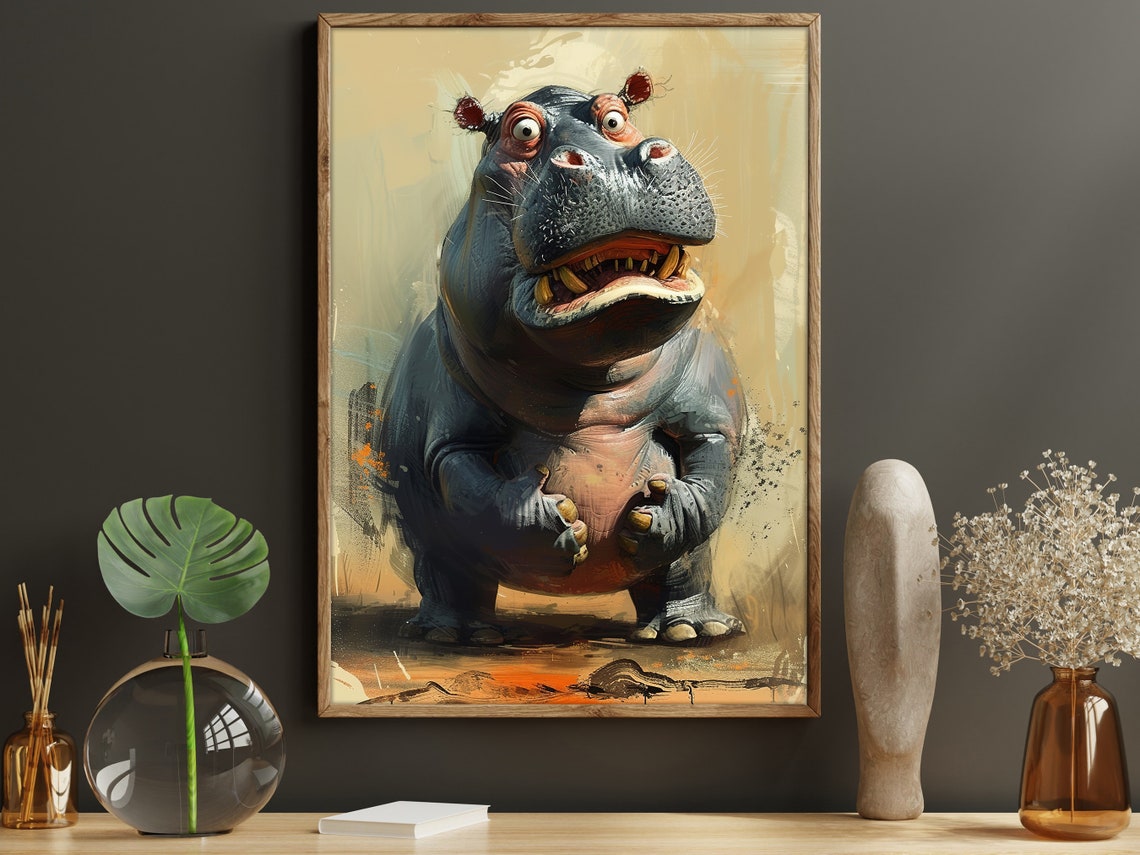 Funny Cartoon Hippo Standing Grinning Playful Wildlife Art Poster