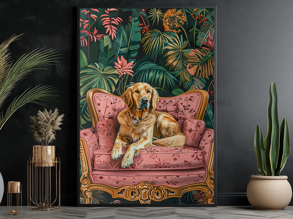 Golden Retriever Pink Velvet Sofa Tropical Jungle Dog Art Poster